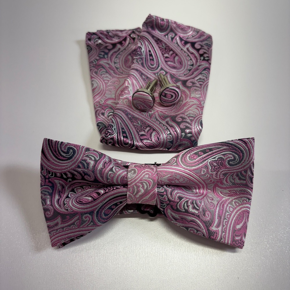Barry.Wang Pink Paisley Bow Tie Pocket Square Cufflinks 3 Piece Set New